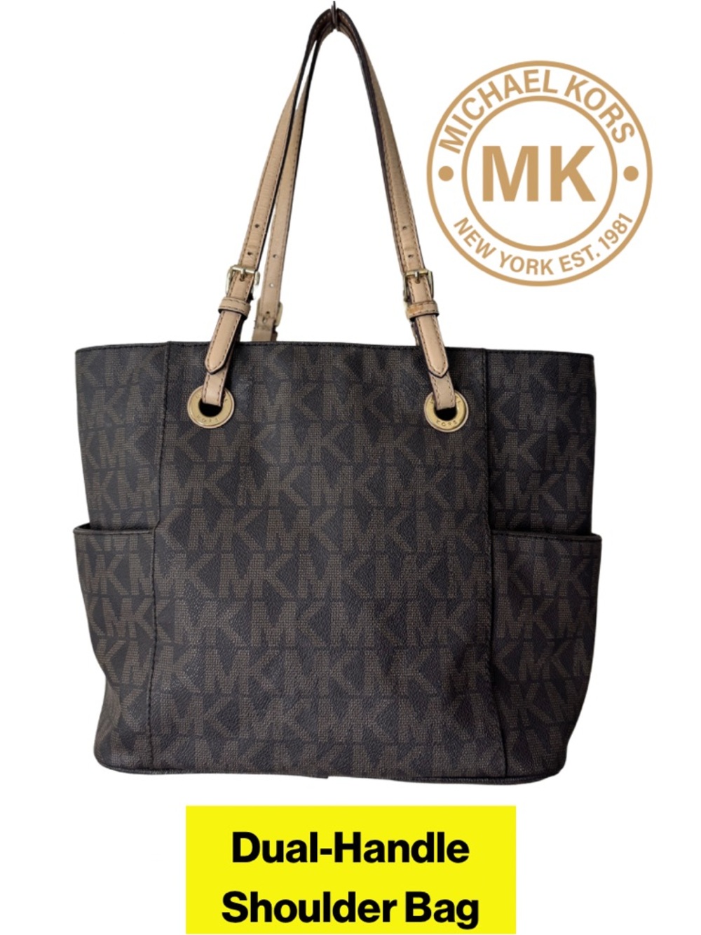MICHAEL KORS 🌟 Brown Monogram Logo Dual-Handle Shoulder Bag, Tan Straps